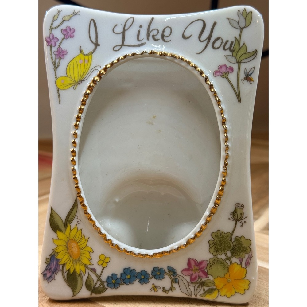 VTG Enesco Japan Ceramic Photo Frame I Like You Butterfly Floral Gold Trim‎ Desk
